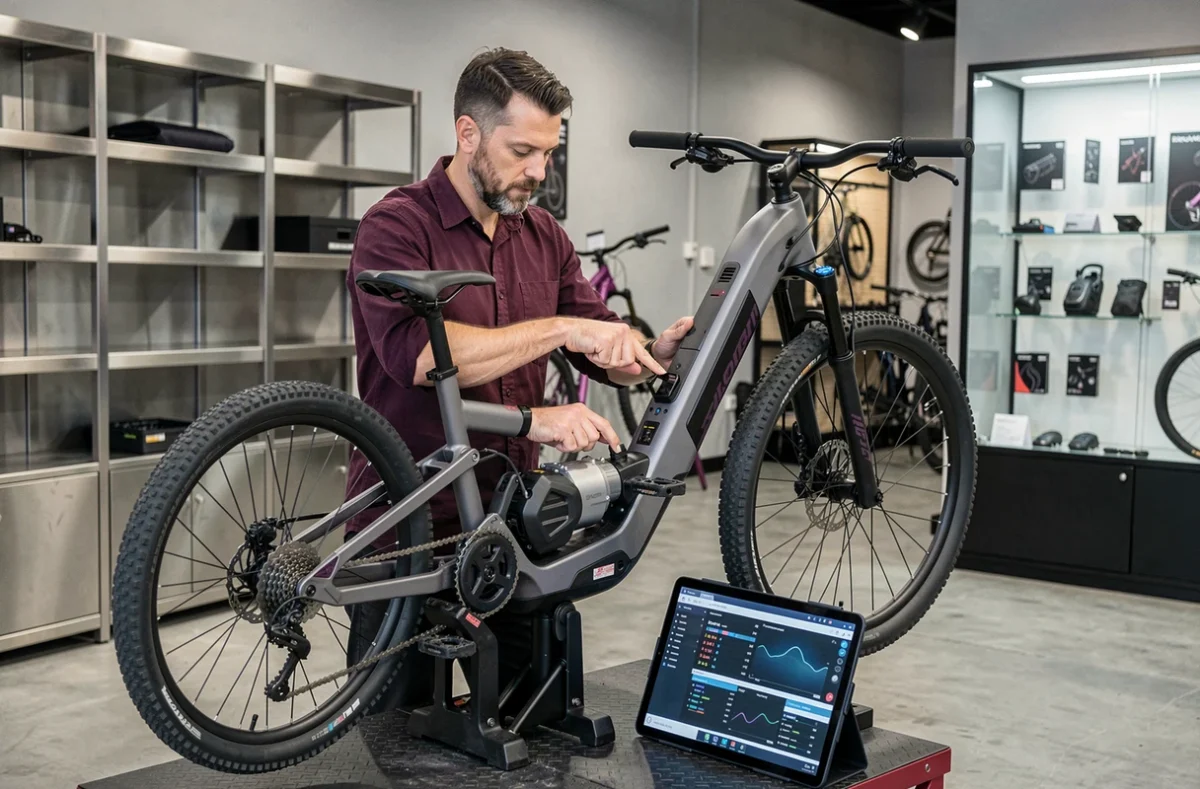 Mécanicien d'AC-Emotion calibrant le moteur d'un vélo électrique de montagne avec une tablette de diagnostic