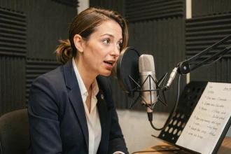 Actrice française en studio d'enregistrement de doublage, assise devant un microphone à condensateur pour un film d'animation