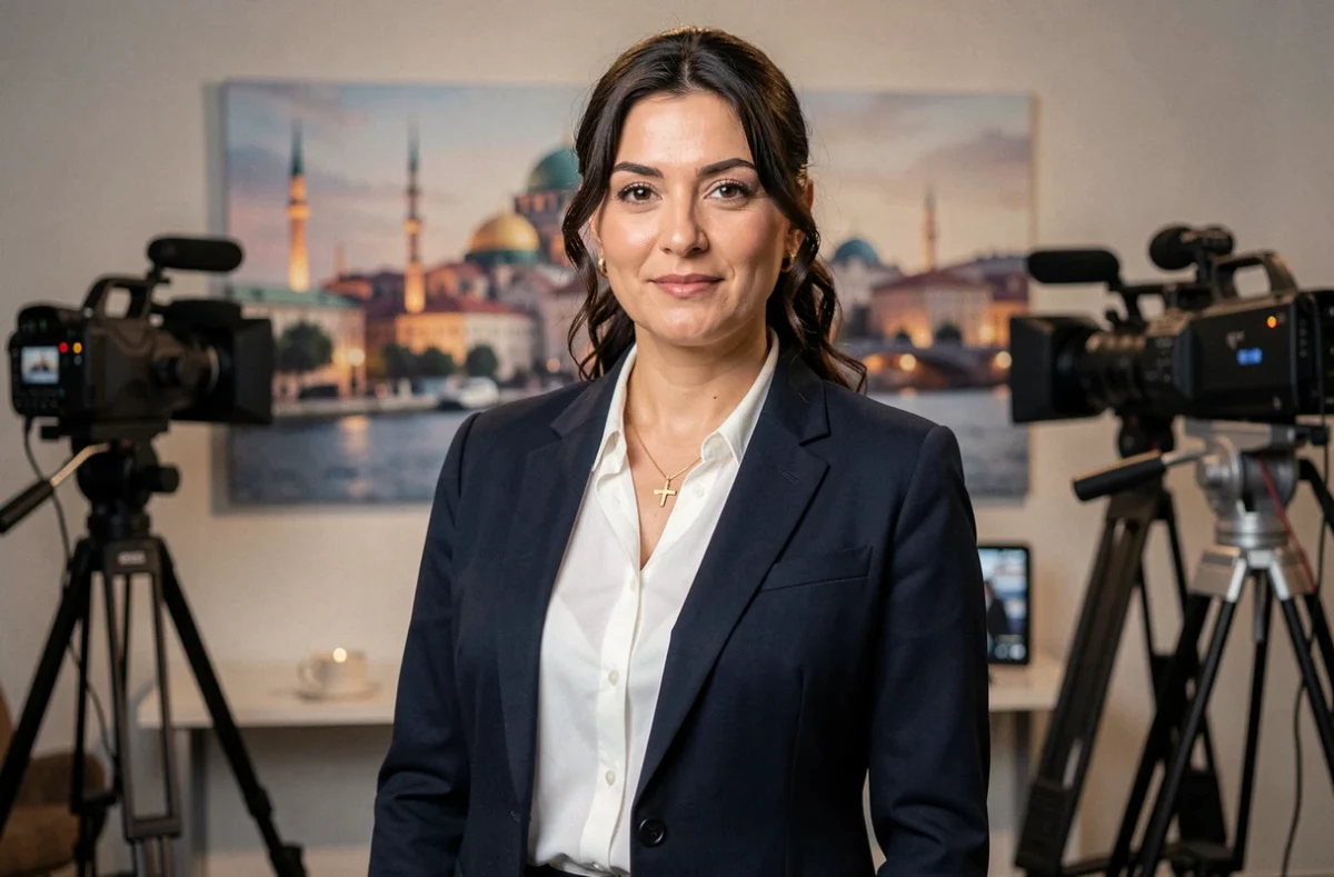 Actrice turque connue dans un studio de tournage de série télévisée, regard charismatique et tenue élégante