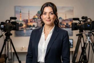 Actrice turque connue dans un studio de tournage de série télévisée, regard charismatique et tenue élégante