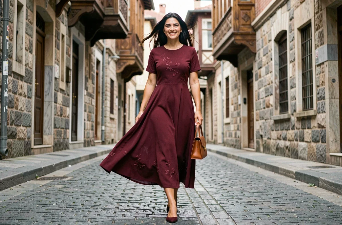 Actrice turque dans les rues historiques d'Istanbul portant une robe élégante bordeaux