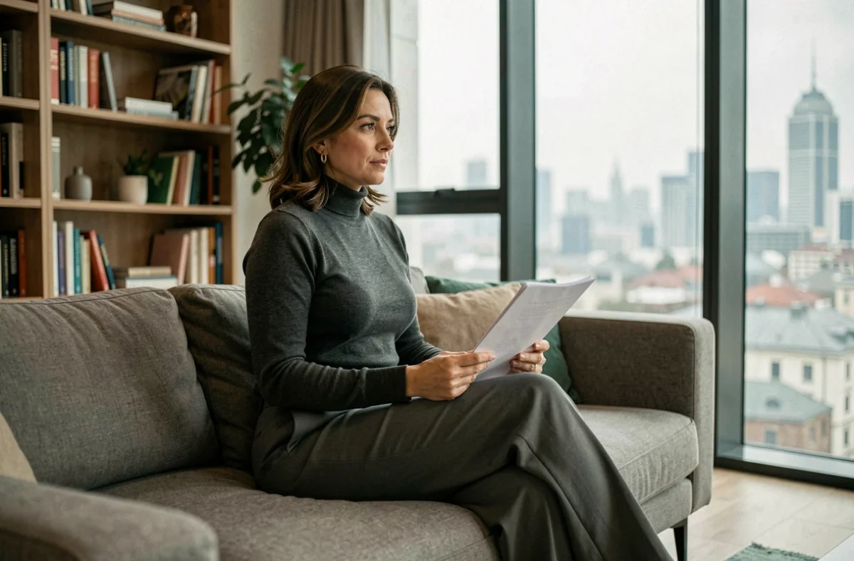 Actrice turque lisant un script dans un appartement moderne d'Istanbul avec vue sur la ville