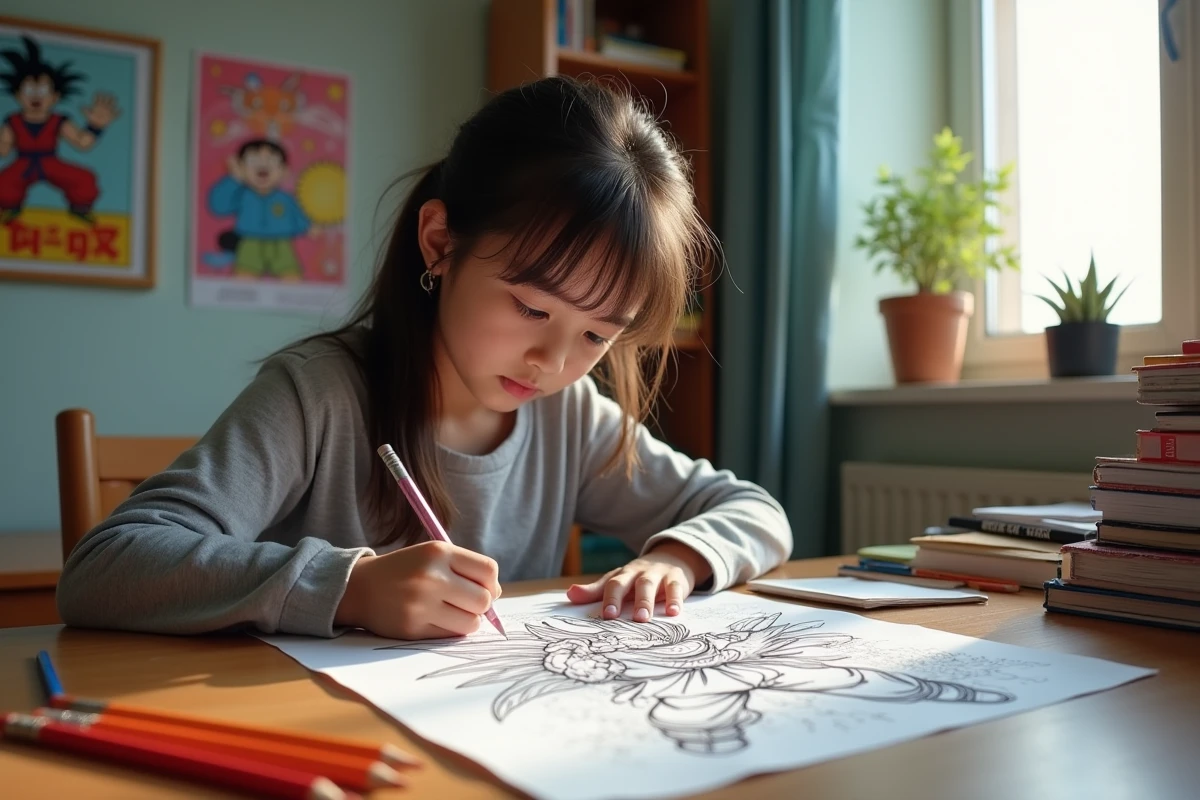Adolescente coloriant un dessin Goku de Dragon Ball Z dans sa chambre avec des crayons de couleur