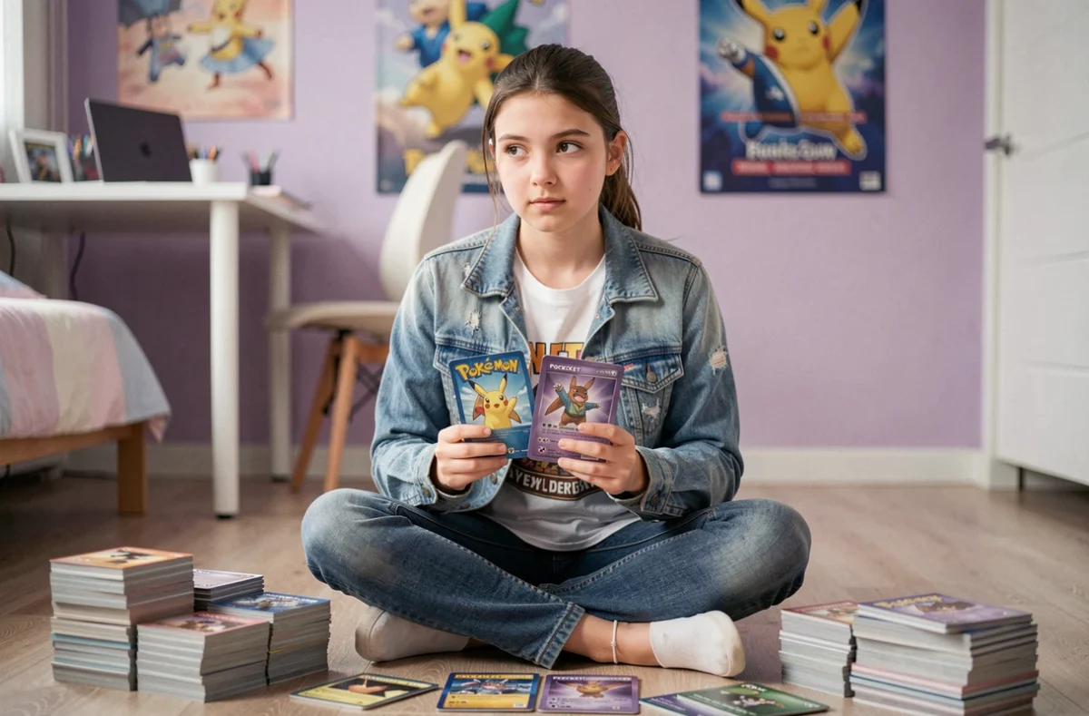 Adolescente organisant ses cartes Pokémon Pocket par type dans une chambre décorée