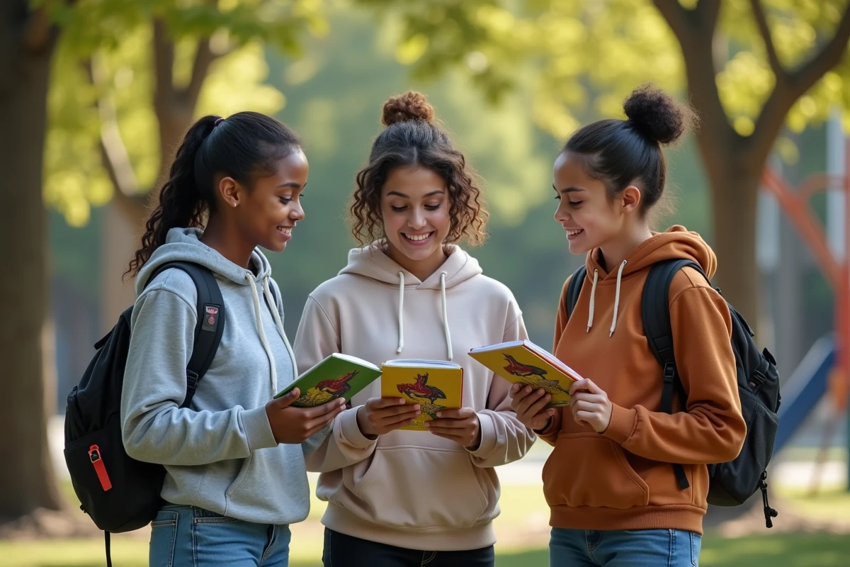Groupe d adolescents discutant stratégie dans un parc ensoleille