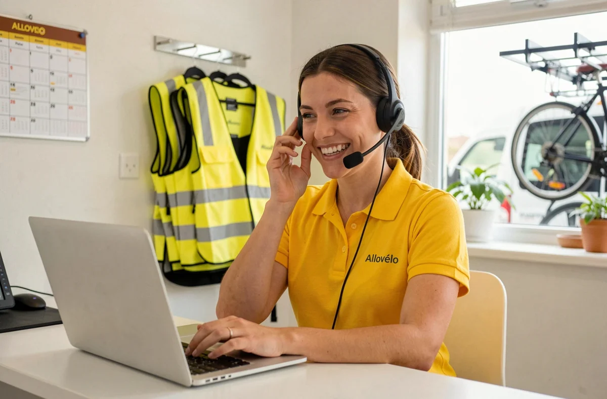 Conseillère d'Allovélo Services au téléphone à son bureau, gérant les rendez-vous de réparation vélo à domicile
