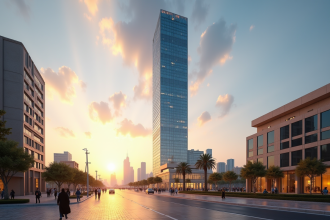 Almas Tower à Dubaï lors du coucher de soleil avec reflet sur la façade