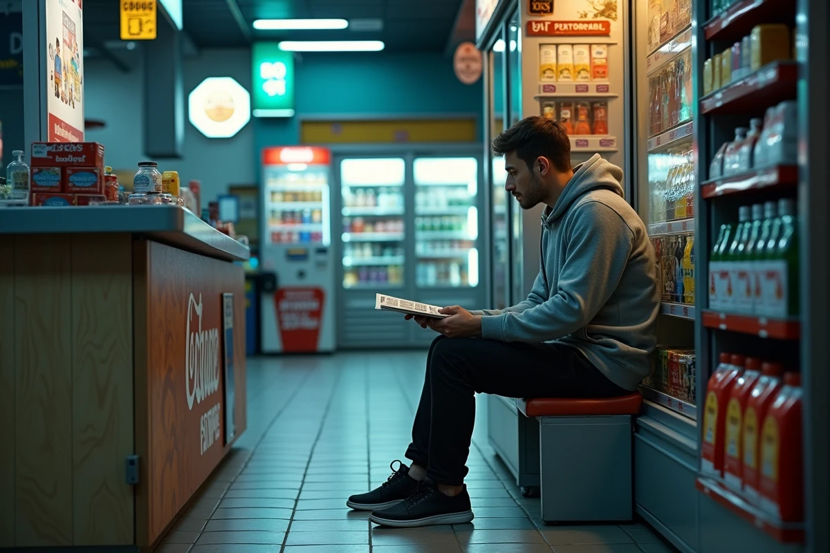 Jeune homme trouvant des cigarettes dans une station-service ou épicerie ouverte la nuit comme alternative au bureau de tabac fermé