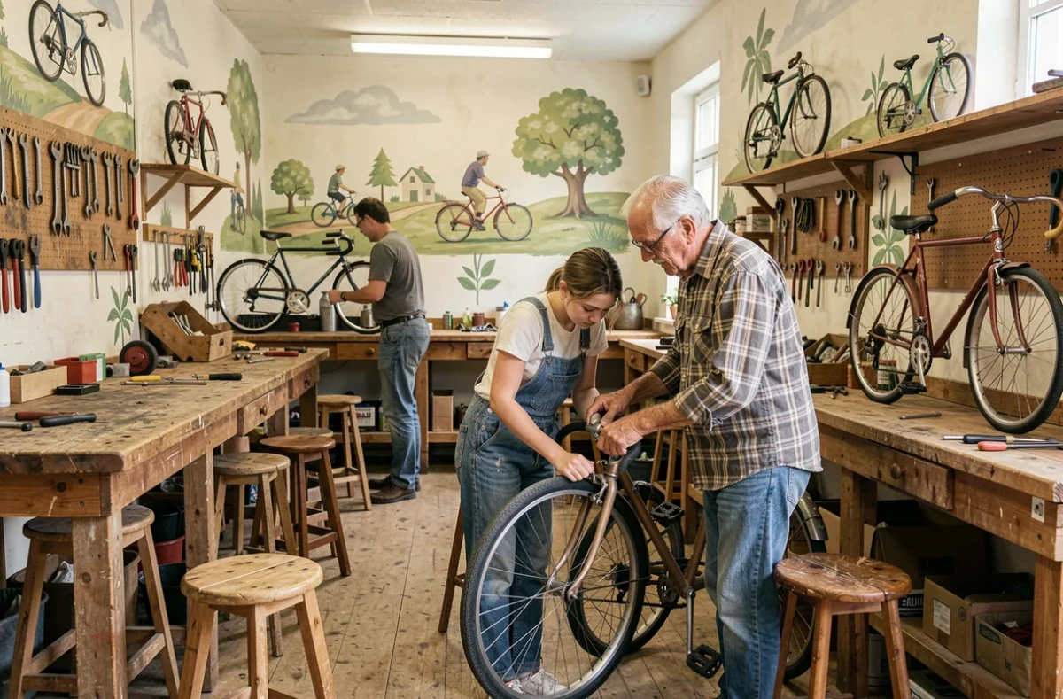 Atelier participatif d'Alticoop Vélo avec des bénévoles apprenant à réparer des vélos ensemble dans un espace communautaire