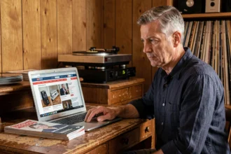 Un homme nostalgique consulte un blog hi-fi archivé sur son ordinateur dans une salle d'écoute vintage