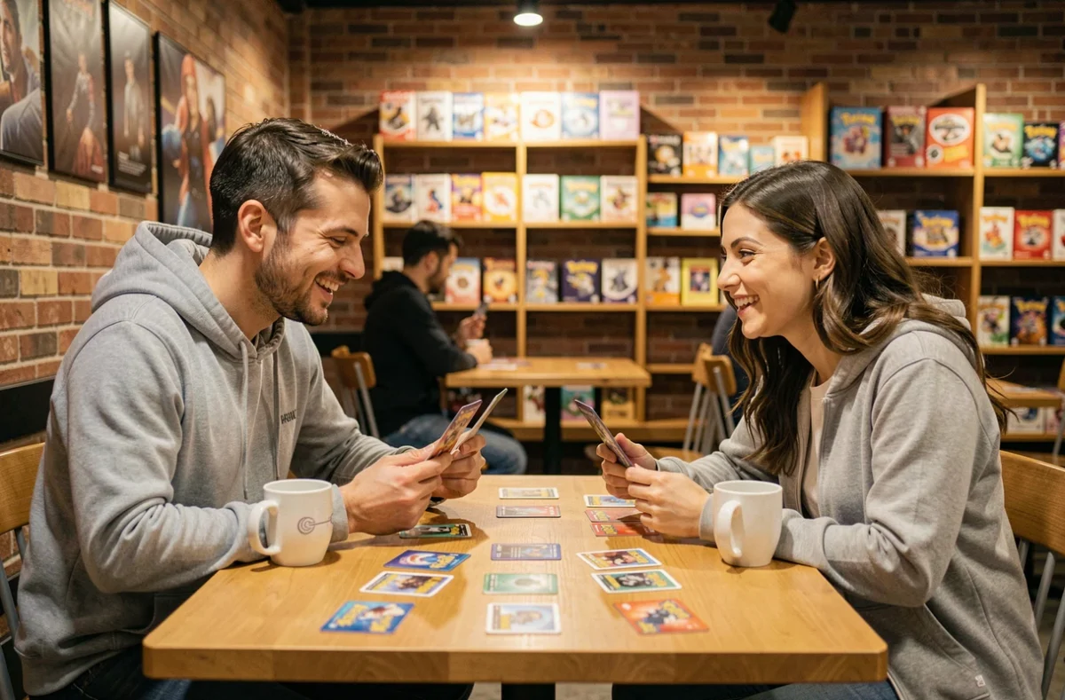 Deux amis adultes jouant à Pokémon Pocket dans un café spécialisé en jeux de cartes