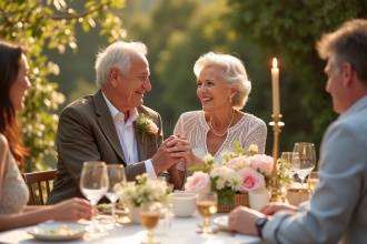 Couple d'anciens mariés souriants lors de leur anniversaire de mariage