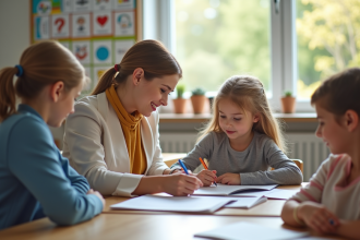 Assistante scolaire souriante aidant un élève dans une classe lumineuse