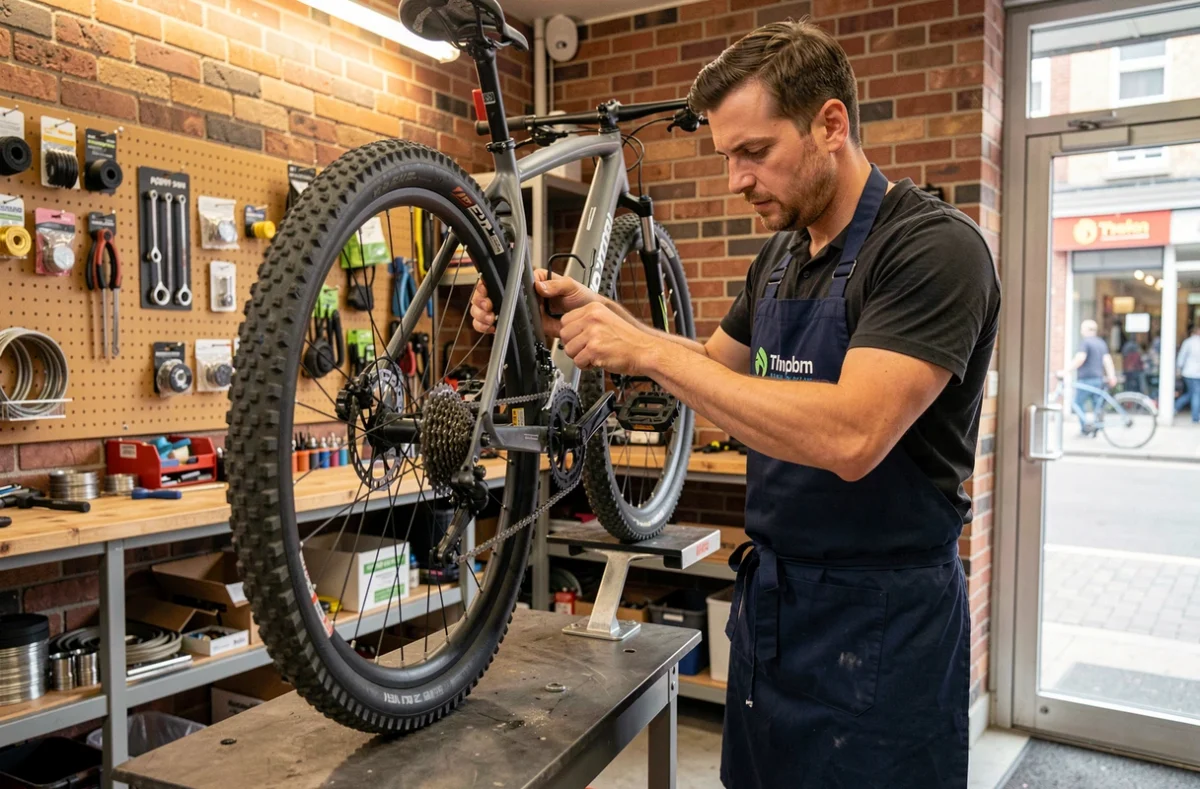 Mécanicien de L'Atelier Vélo by BikeTrip ajustant le dérailleur d'un vélo de montagne sur un stand de réparation