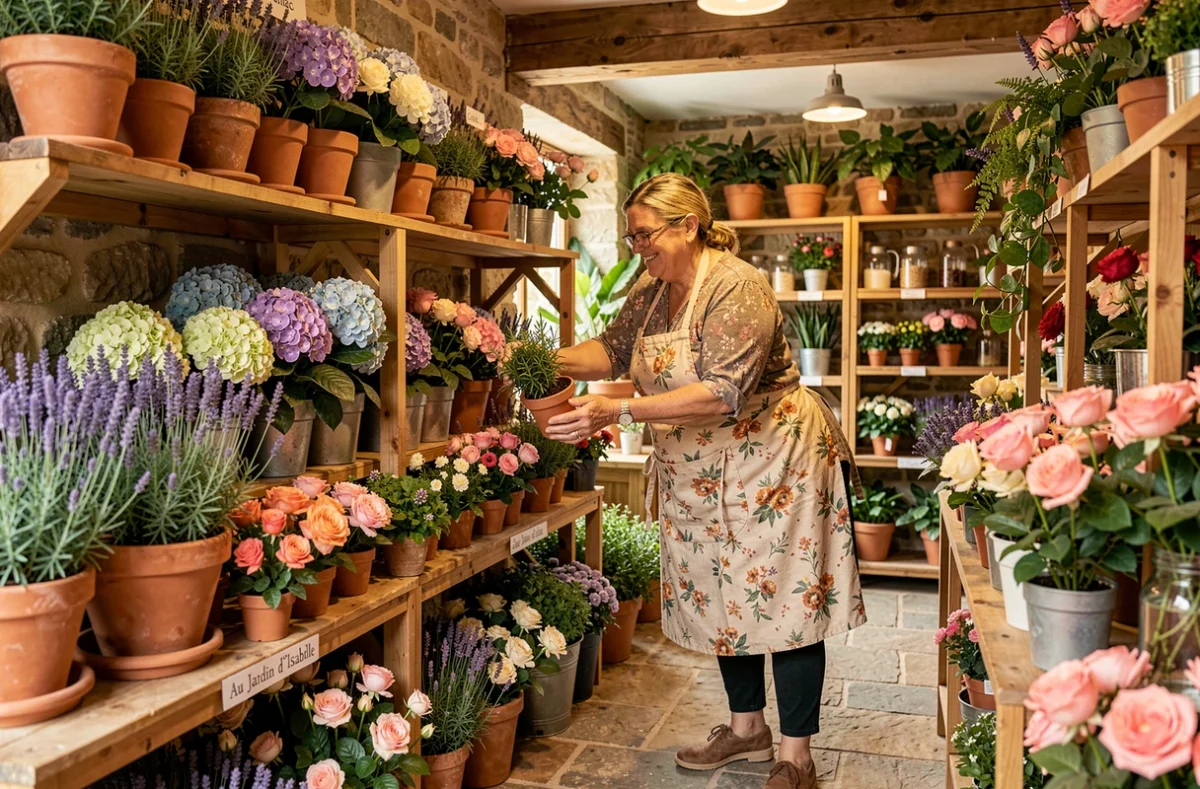 Fleuriste souriante dans la boutique Au Jardin d'Isabelle à Gaillac entourée de pots de lavande et d'hortensias