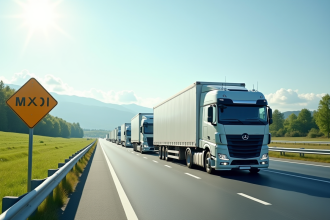 Autoroute européenne avec camions et panneaux de dimension