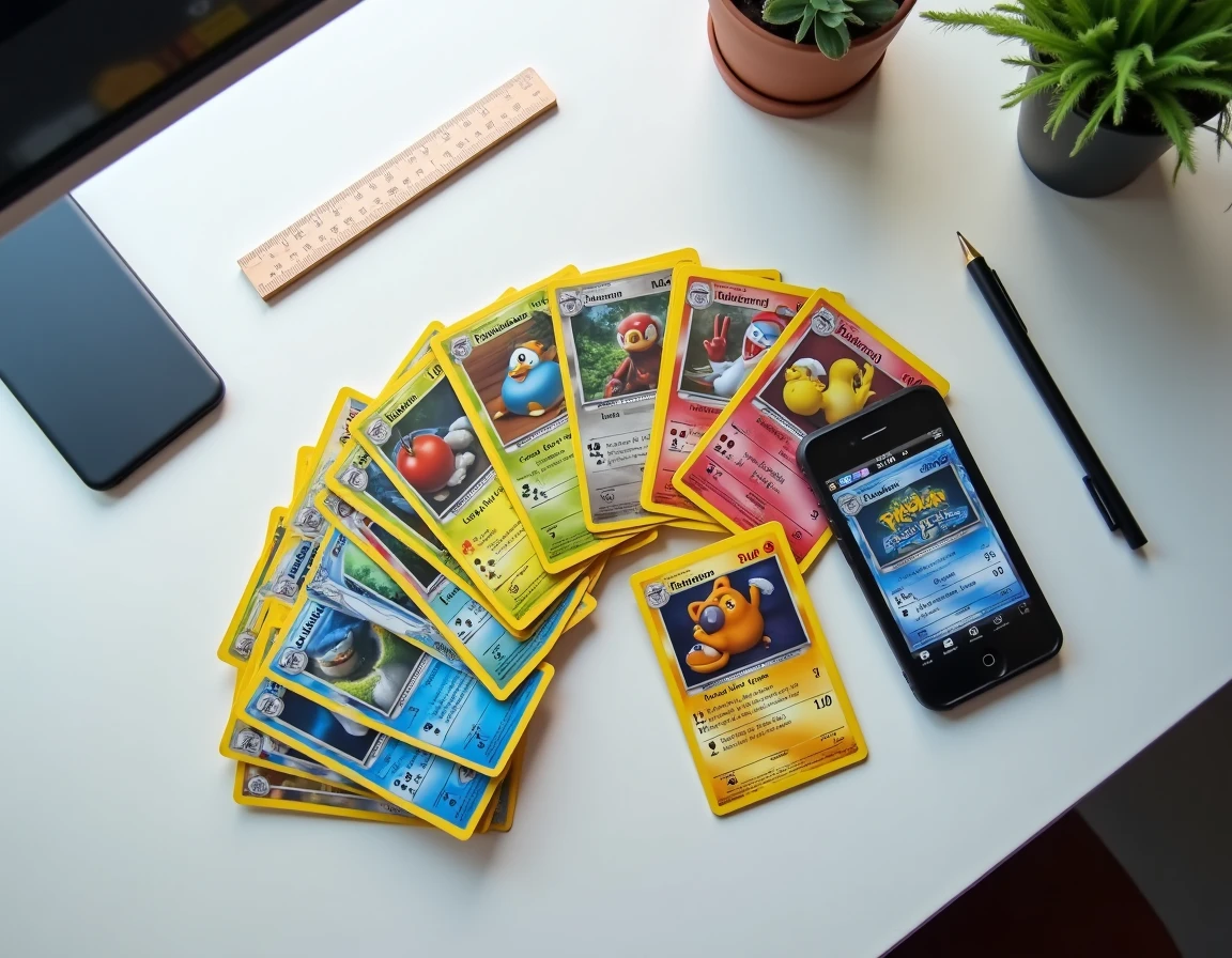 Vue du dessus d'une collection de cartes Pokémon étalées sur une table avec confirmation de commande en ligne, évaluation de la qualité et du délai de livraison