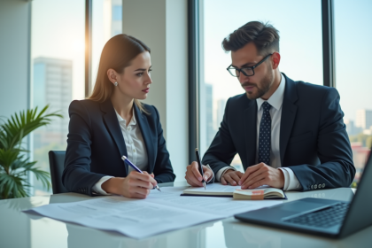 Avocat confiant dans un bureau moderne avec contrat et skyline