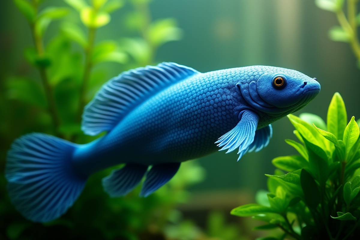 Axolotl bleu nageant dans un aquarium lumineux