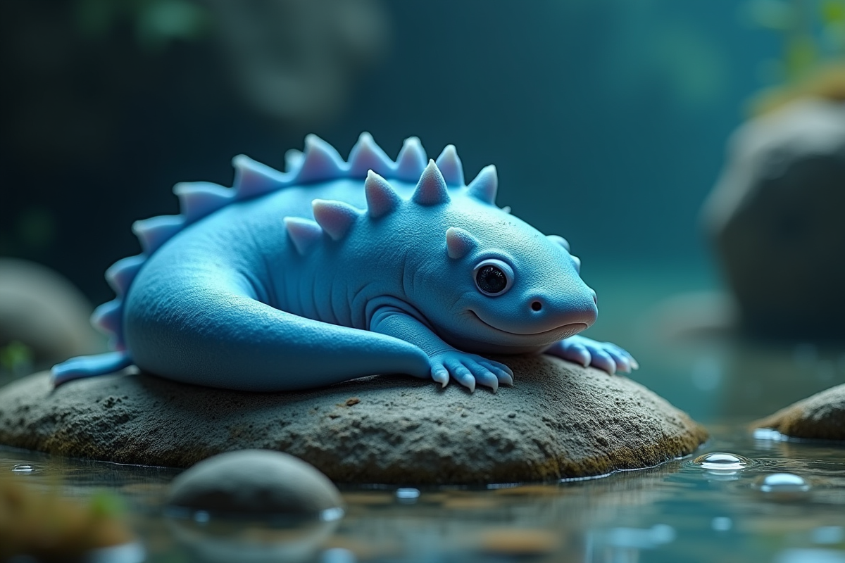 Axolotl bleu reposant sur une pierre dans un lac naturel