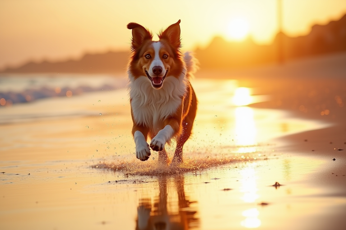 Chien berger australien merle rouge courant sur la plage au lever du soleil