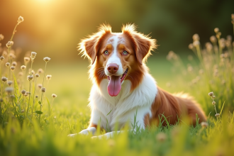 Chien berger australien merle rouge dans un pré ensoleillé