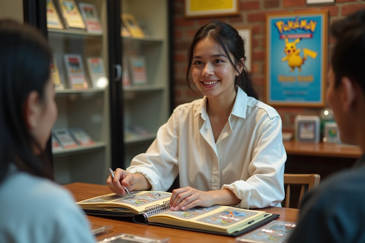 Jeune femme collectrice présentant un classeur de cartes Pokémon rares dans une boutique spécialisée, avec des vitrines de cartes gradées et des affiches vintage en arrière-plan