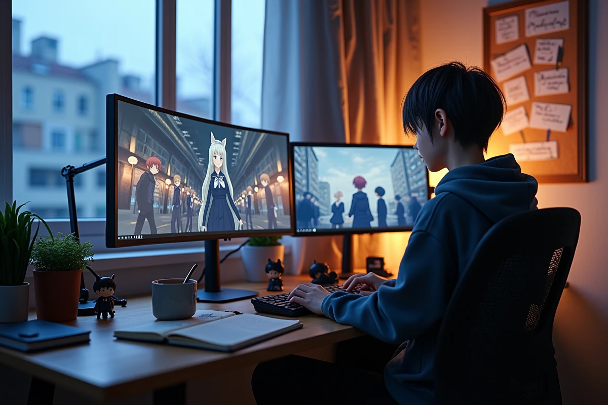 Bureau de fan d'anime avec écrans affichant des visuels de The Fox-Eyed Villain et notes de spéculation sur l'adaptation 2026
