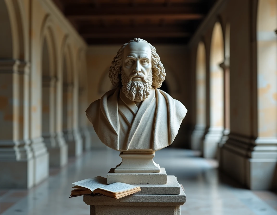 Buste sculpté du philosophe Thomas Hobbes dans un couloir de musée universitaire évoquant la citation homo homini lupus