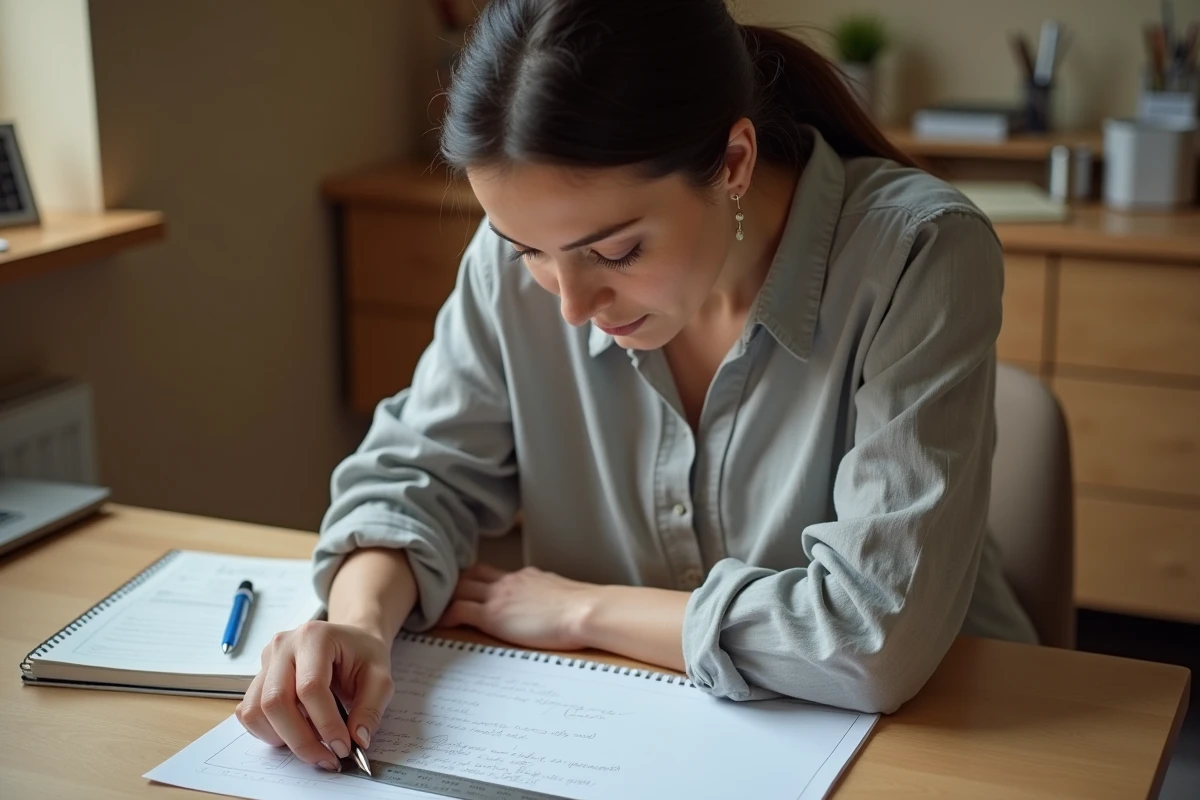 Femme mesurant un rectangle avec une règle graduée en centimètres sur un bureau en bois pour calculer une aire