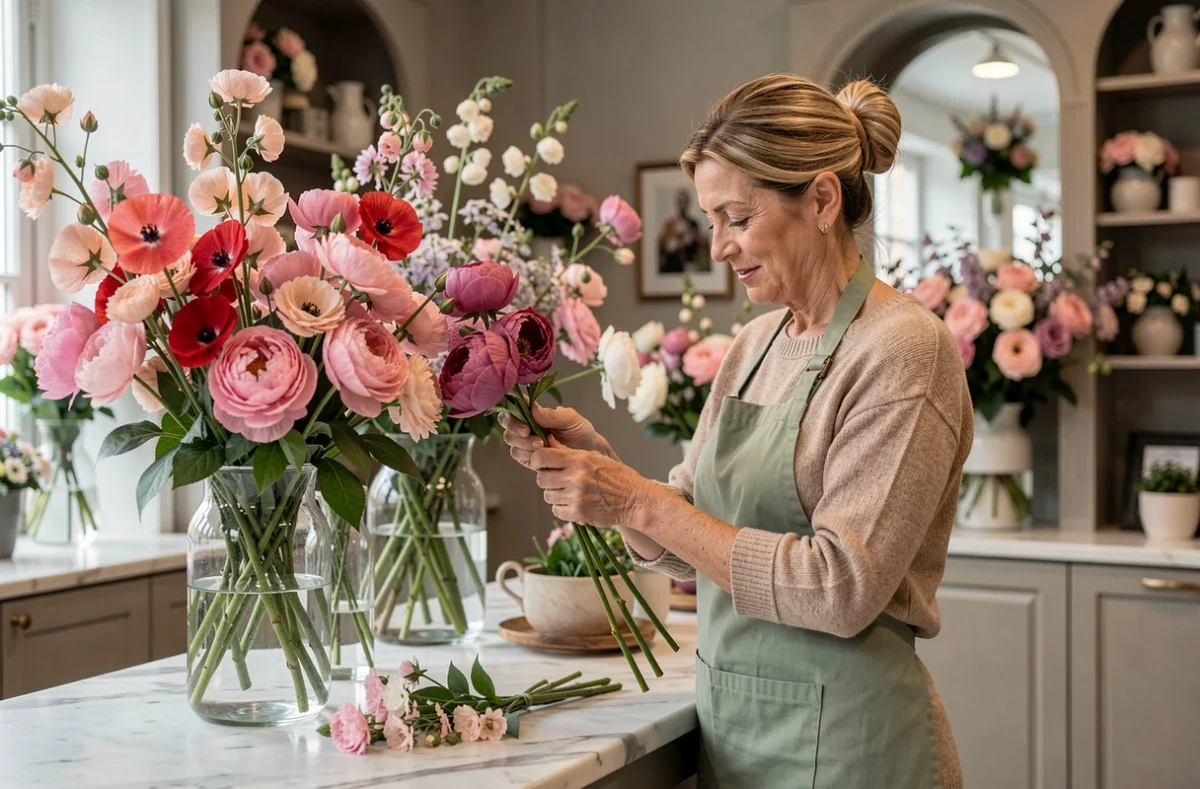 Fleuriste élégante de Capucine Fleurs à Mazamet taillant des tiges de pivoines devant de belles compositions florales