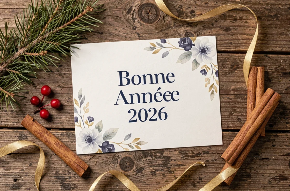 Carte Bonne Année 2026 imprimée posée sur une table en bois rustique avec décorations hivernales
