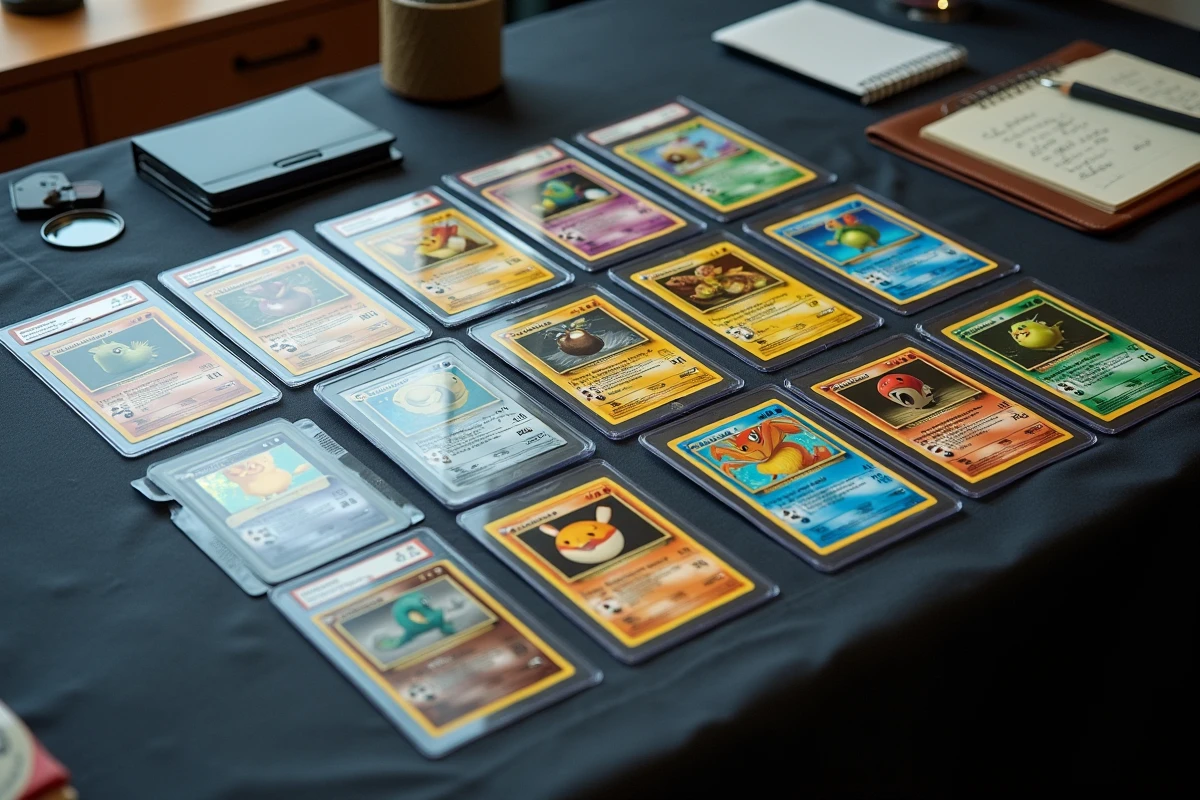 Vue aérienne de cartes Pokémon rares et gradées PSA disposées sur une surface ardoise sombre, avec une loupe et des notes de valorisation manuscrites pour l'investissement