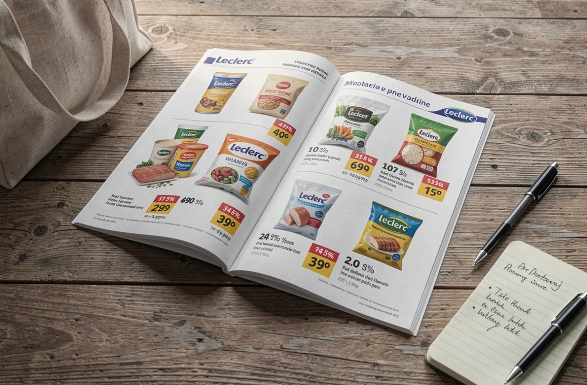 Catalogue promotionnel Leclerc ouvert avec liste de courses et notes pour faire ses achats en septembre