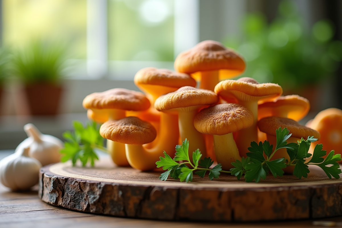 Champignons trumpet chanterelle frais sur une planche en bois
