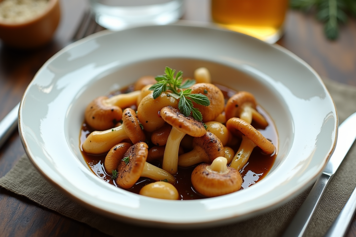 Champignons trumpet chanterelle sautés dans une assiette blanche