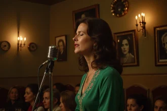 Chanteuse italienne vintage en robe verte brodée sur scène dans une trattoria aux murs de pierre couverts de photos en noir et blanc