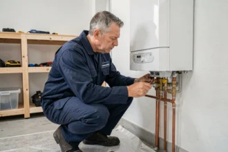 Chauffagiste professionnel inspectant une chaudière murale dans une chaufferie en Haute-Savoie