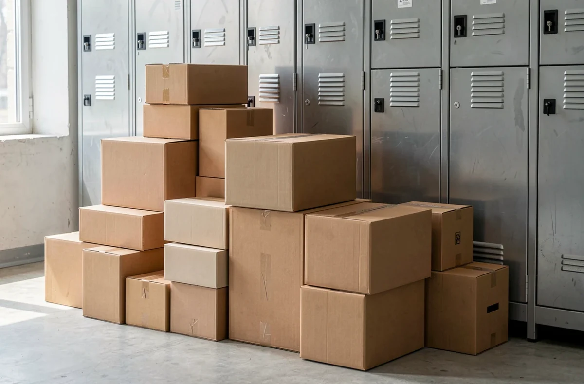 Colis de tailles différentes devant des casiers métalliques