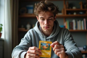 Collectionneur examinant attentivement une carte Pokémon reçue par commande en ligne, évaluant la qualité d'impression et l'état de la carte