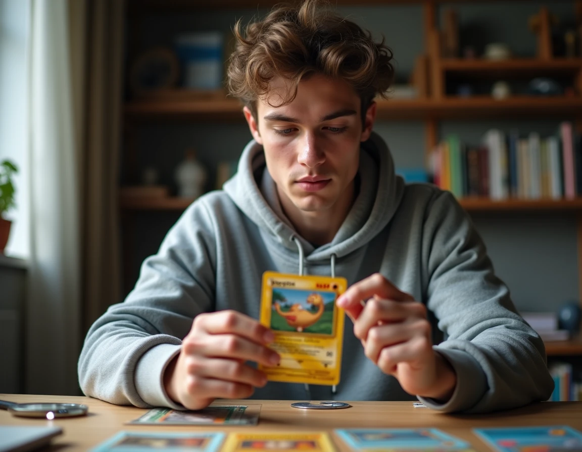 Collectionneur examinant attentivement une carte Pokémon reçue par commande en ligne, évaluant la qualité d'impression et l'état de la carte