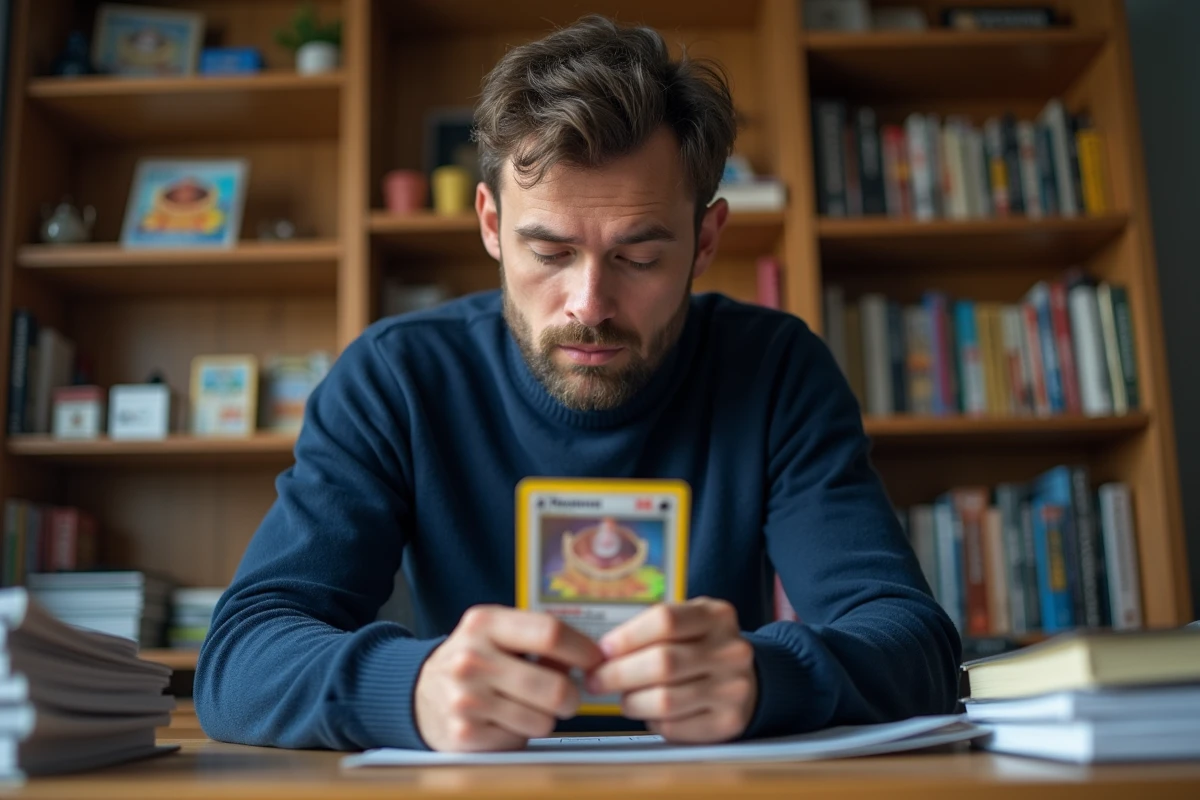 Collectionneur adulte examinant une carte Pokémon holographique rare tenue entre ses doigts, dans un bureau de collectionneur organisé avec des protège-cartes et des boosters
