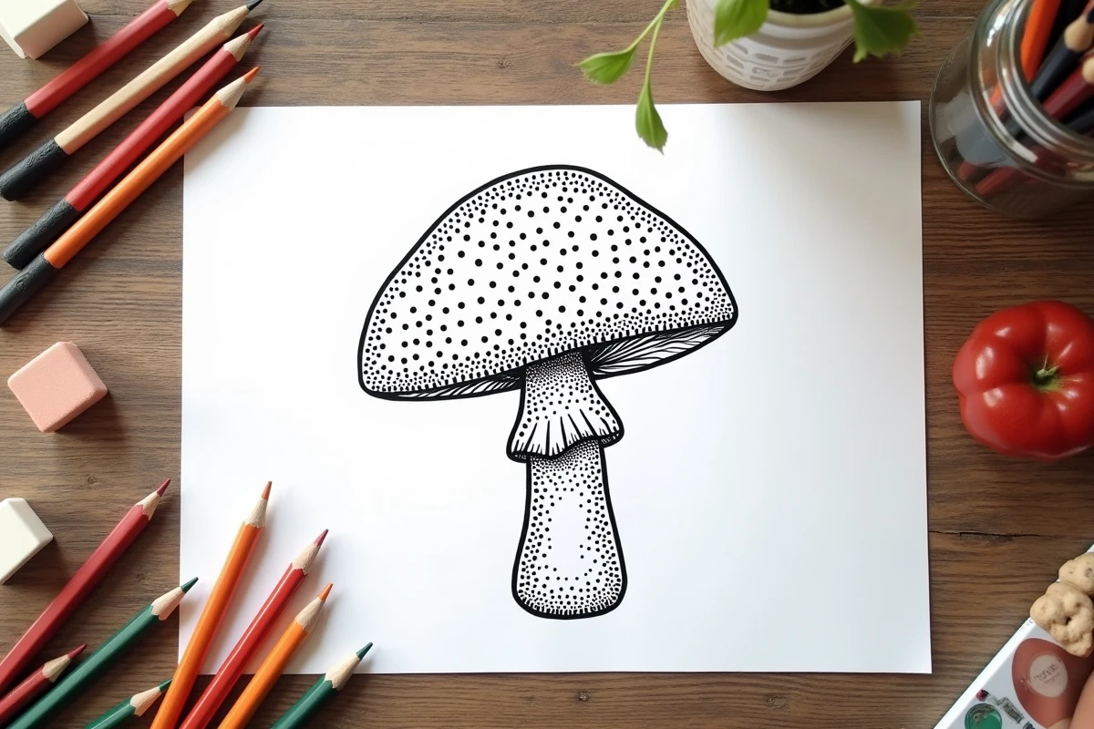 Vue de dessus d'un coloriage de champignon en pointillés partiellement colorié sur une table en bois rustique entourée de crayons de couleur et de matériel de graphisme