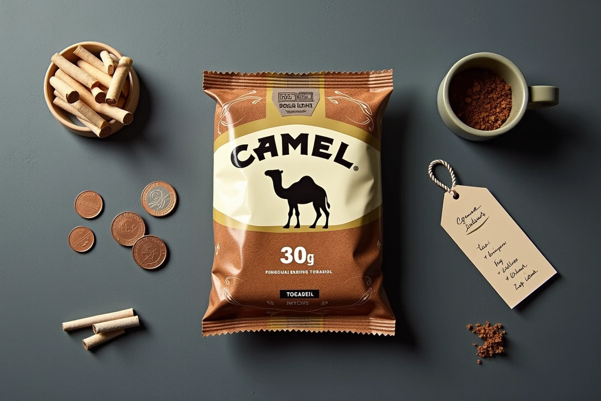 Vue en plongée d'un paquet de tabac à rouler Camel 30g entouré de papiers, filtres et pièces de monnaie pour comparer le coût par cigarette