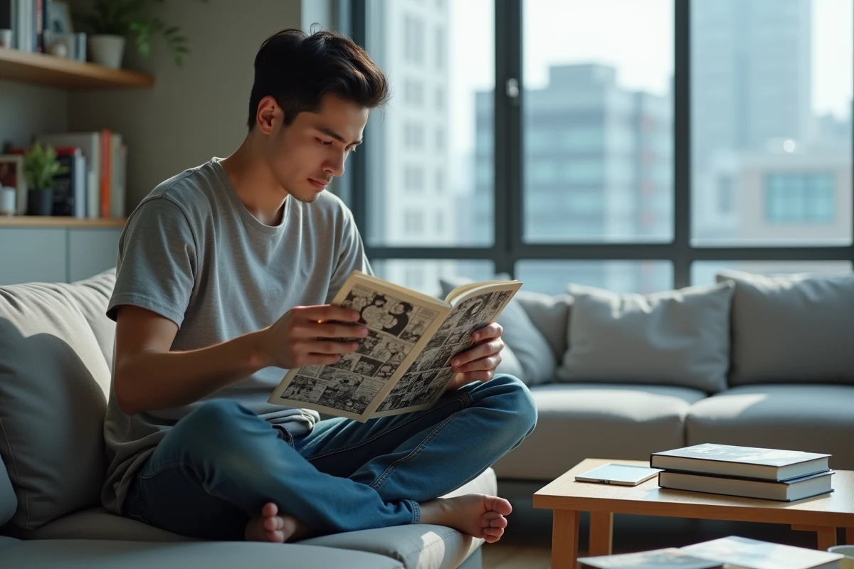 Homme adulte comparant un manga cheat system en version physique et numérique sur tablette dans un appartement moderne