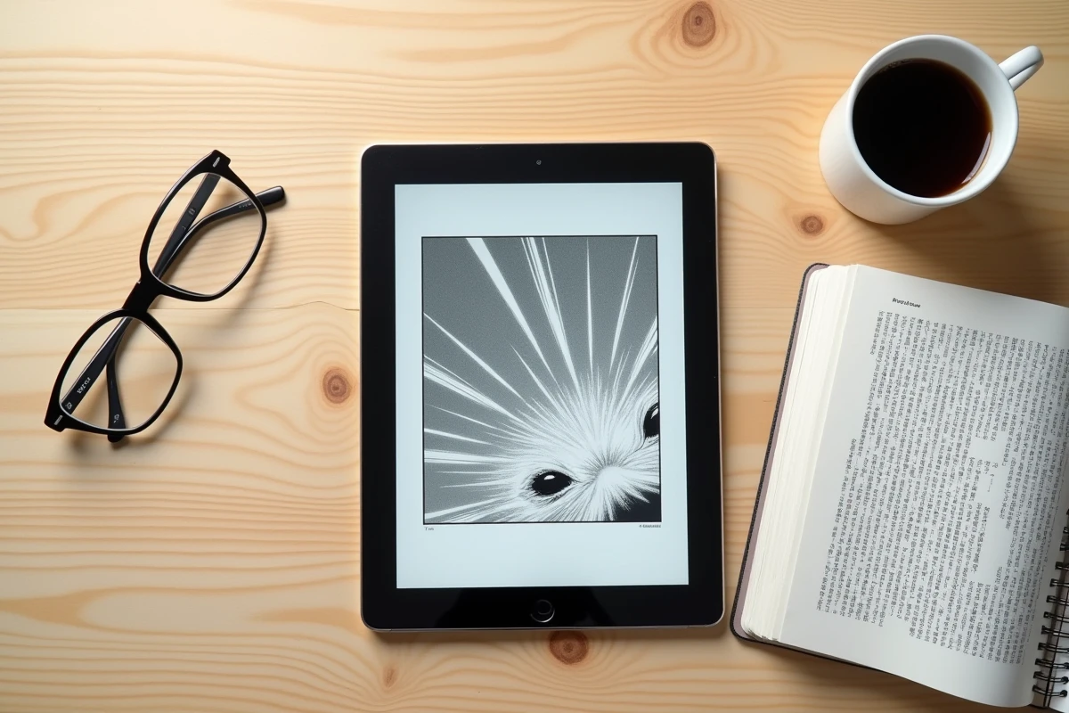 Vue de dessus comparant un scan manga numérique sur tablette et une version physique imprimée pour analyser la qualité d'affichage