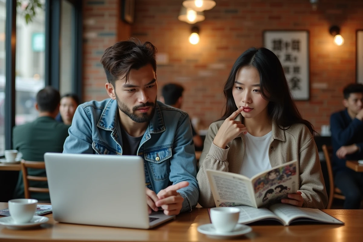 Deux personnes comparant une traduction de manga en ligne avec une version physique dans un café urbain