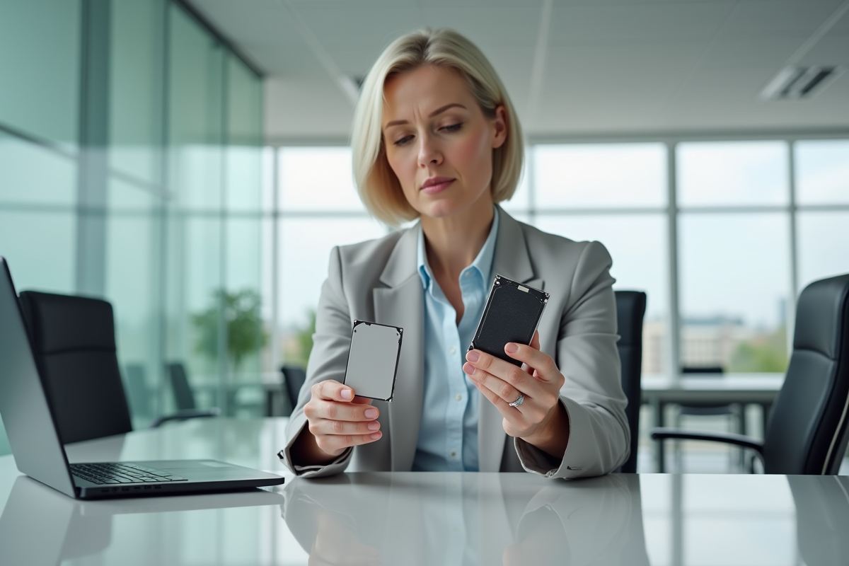 Femme comparant un SSD M2 et un disque dur traditionnel