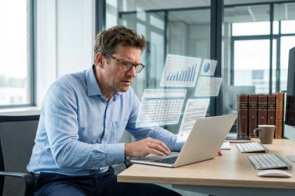 Expert-comptable travaillant sur des outils numériques dans un bureau moderne