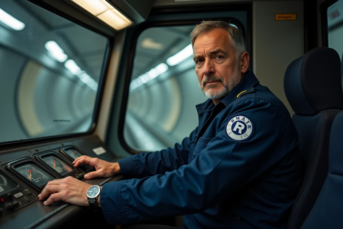 Conducteur RATP en uniforme officiel aux commandes d'une rame de métro parisien dans un tunnel souterrain
